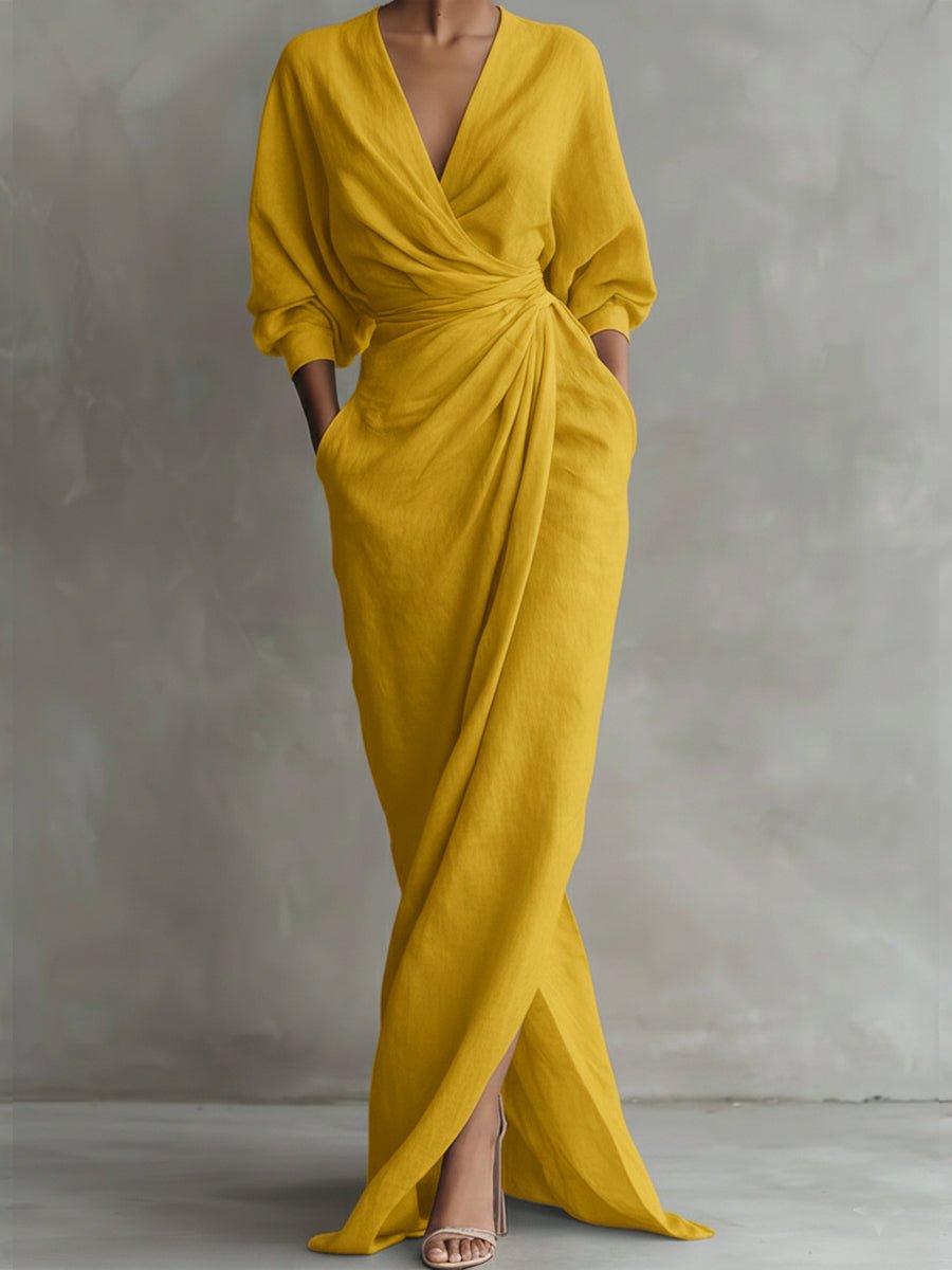 Amelia | Women's Wrap Maxi Long Sleeve Dress V-Neck Draped